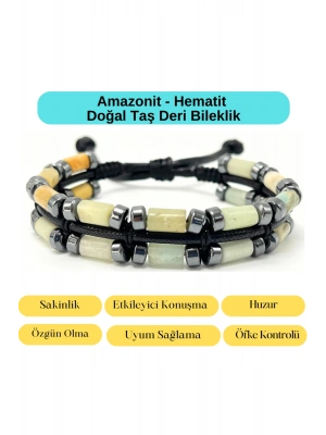 Sertifikalı Amazonit ve Hematit Makrome Doğal Taş Deri Erkek Bileklik