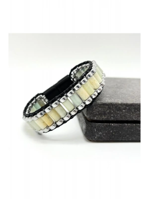 Sertifikalı Amazonit ve Hematit Silindir Kesim Kilitli Doğal Taş Deri Erkek Bileklik