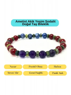 Sertifikalı Ametist Akik Yeşim Sodalit Doğal Taş Misinalı Bileklik 8mm
