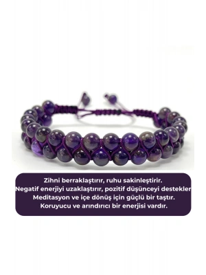 SERTİFİKALI Ametist Çift Sıra Doğal Taş Makrome Bileklik Ayarlanabilir Ölçü