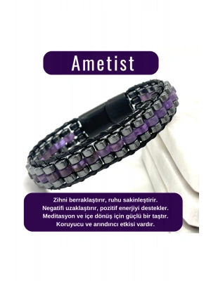 SERTİFİKALI Ametist Disk Model Doğal Taş Erkek Bileklik Kilitli Kapama