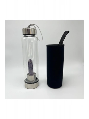 SERTİFİKALI Ametist Doğal Taş Cam Su Matarası 550 ml  Özel Kılıflı Contalı Kapak Paslanmaz Çelik