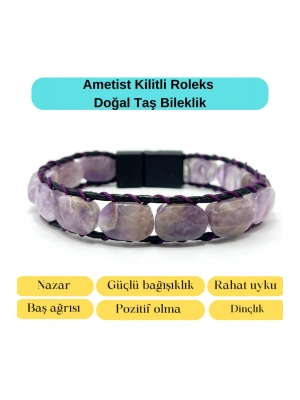 Sertifikalı Ametist Kilit Kapama Roleks Doğal Taş Deri Bileklik