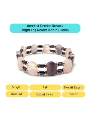SERTİFİKALI Ametist Pembe Kuvars Hematit Doğal Taş Roleks Kadın Bileklik