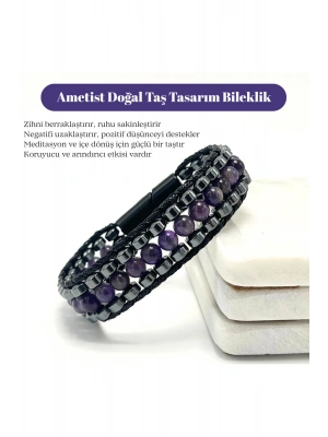 Sertifikalı Ametist Taşı Erkek Bileklik – Çelik Kilitli, Doğal Taş Tasarım, Şık ve Özgün Aksesuar