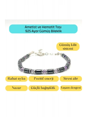 Sertifikalı Ametist ve Hematit  925 Ayar Doğal Taş Gümüş Bileklik 4mm