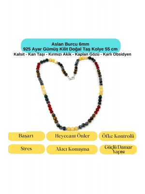 SERTİFİKALI Aslan Burcu 6mm 925 Ayar Gümüş Doğal Taş Kolye 55 cm