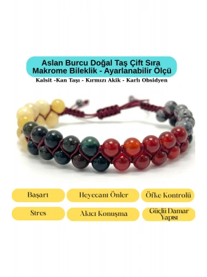 SERTİFİKALI Aslan Burcu Doğal Taş Çift Sıra Makrome Bileklik