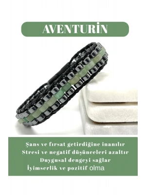 Sertifikalı Aventurin Disk Model Doğal Taş Erkek Bileklik Kilitli Kapama