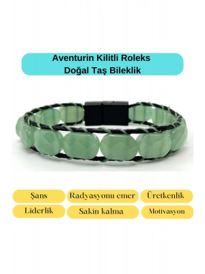 Sertifikalı Aventurin Kilit Kapama Roleks Doğal Taş Deri Bileklik