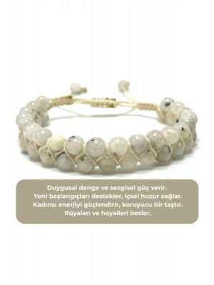 SERTİFİKALI Ay Taşı Çift Sıra Doğal Taş Makrome Bileklik Ayarlanabilir Ölçü
