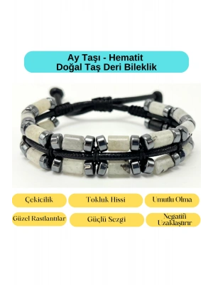 Sertifikalı Ay Taşı ve Hematit Makrome Doğal Taş Deri Erkek Bileklik