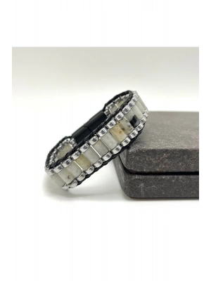 Sertifikalı Ay Taşı ve Hematit Silindir Kesim Kilitli Doğal Taş Deri Erkek Bileklik