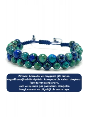 SERTİFİKALI Azurit Malakit Çift Sıra Doğal Taş Makrome Bileklik Ayarlanabilir Ölçü
