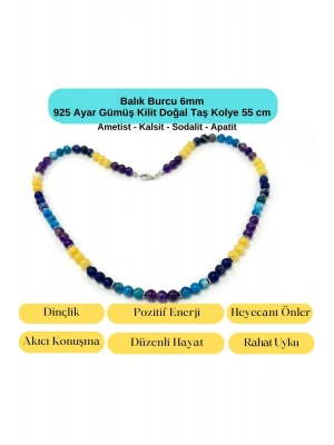 SERTİFİKALI Balık Burcu 6mm 925 Ayar Gümüş Doğal Taş Kolye 55 cm