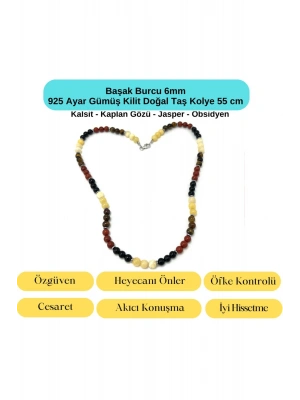 SERTİFİKALI Başak Burcu 6mm 925 Ayar Gümüş Doğal Taş Kolye 55 cm