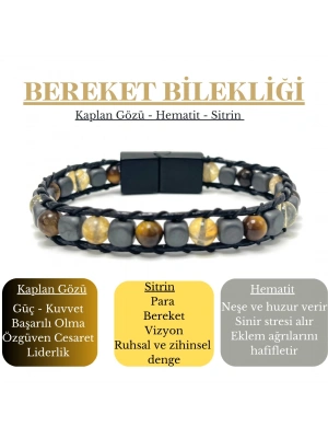 Sertifikalı Bereket Doğal Taş 6mm Bileklik Sitrin Kaplan Gözü Hematit