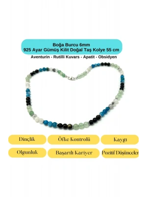 SERTİFİKALI Boğa Burcu 6mm 925 Ayar Gümüş Doğal Taş Kolye 55 cm
