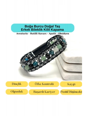 SERTİFİKALI Boğa Burcu Disk Model Doğal Taş Erkek Bileklik Mıknatıslı Kilit