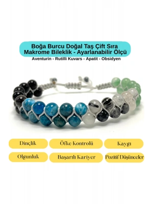 SERTİFİKALI Boğa Burcu Doğal Taş Çift Sıra Makrome Bileklik