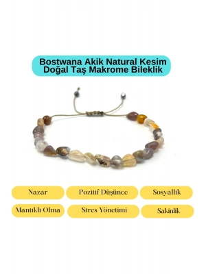 Sertifikalı Bostwana Akik Natural Kesim Makrome Doğal Taş Bileklik Ayarlanabilir Ölçü