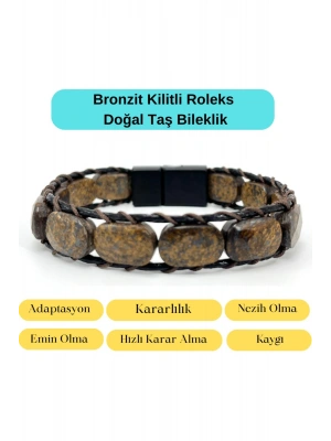 Sertifikalı Bronzit Kilit Kapama Roleks Doğal Taş Deri Bileklik