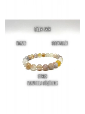 Sertifikalı Çiçek Akik 8mm Elastik Misinalı Doğal Taş Bileklik