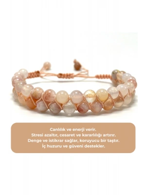 SERTİFİKALI Çiçek Akik Çift Sıra Doğal Taş Makrome Bileklik Ayarlanabilir Ölçü