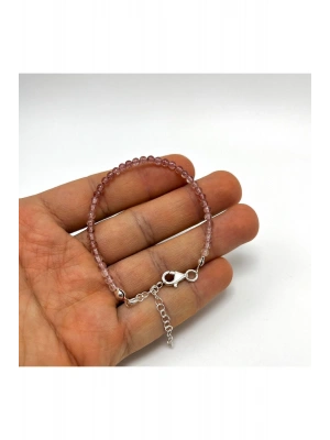 SERTİFİKALI Çilek Kuvars 4mm 925 Ayar Gümüş Doğal Taş Bileklik Uzatma Zincirli