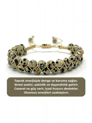 SERTİFİKALI Dalmaçyalı Jasper Çift Sıra Doğal Taş Makrome Bileklik Ayarlanabilir Ölçü