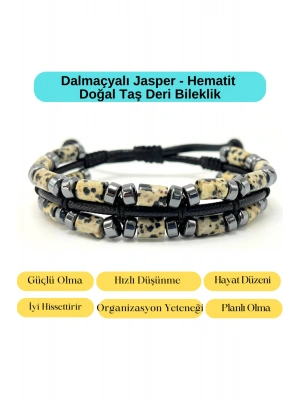 Sertifikalı Dalmaçyalı Jasper ve Hematit Makrome Doğal Taş Deri Erkek Bileklik