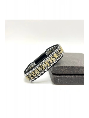 Sertifikalı Dalmaçyalı Jasper ve Hematit Silindir Kesim Kilitli Doğal Taş Deri Erkek Bileklik