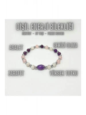SERTİFİKALI Dişil Enerji Doğal Taş Bileklik - Ay Taşı - Pembe Kuvars - Ametist