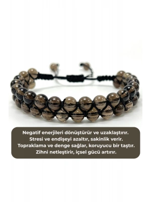 SERTİFİKALI Dumanlı Kuvars Çift Sıra Doğal Taş Makrome Bileklik Ayarlanabilir Ölçü
