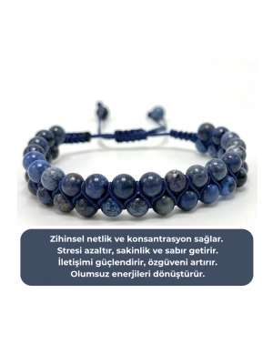 SERTİFİKALI Dumortierit Çift Sıra Doğal Taş Makrome Bileklik Ayarlanabilir Ölçü