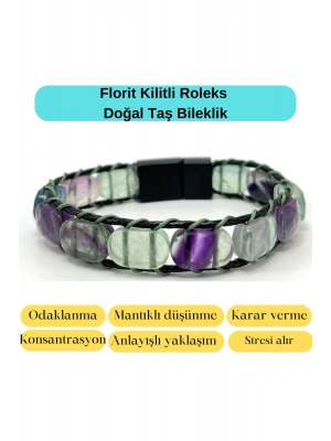 Sertifikalı Florit Kilit Kapama Roleks Doğal Taş Deri Bileklik