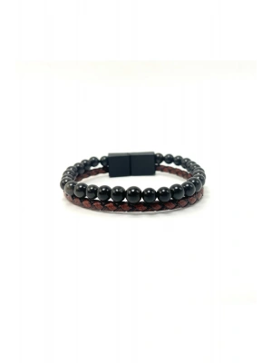 Sertifikalı Gerçek Deri Obsidyen Doğal Taş Bileklik Mıknatıslı Kilit