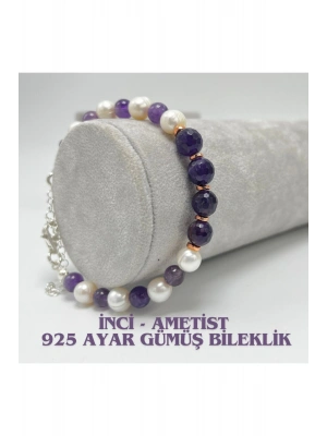 Sertifikalı Gerçek İnci Ametist 925 Ayar Gümüş Bileklik Uzatma Zincirli