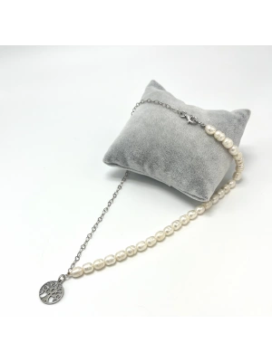 Sertifikalı Gerçek İnci Çelik Hayat Ağacı Aparatlı 925 Ayar Gümüş Kolye - Uzatma Zincirli