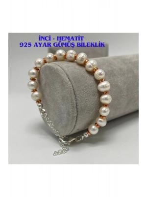 SERTİFİKALI Gerçek İnci Hematit 925 Ayar Gümüş Bileklik Uzatma Zincirli