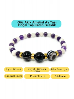 Sertifikalı Göz Akik -Ametist - Ay Taşı Doğal Taş Kadın Bileklik Misinalı