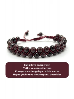 SERTİFİKALI Granat Lal Çift Sıra Doğal Taş Makrome Bileklik Ayarlanabilir Ölçü