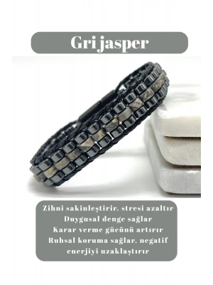 Sertifikalı Gri Jasper Disk Model Doğal Taş Erkek Bileklik Kilitli Kapama