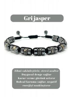 Sertifikalı Gri Jasper Disk Model Doğal Taş Makrome Bileklik Ayarlanabilir Ölçü