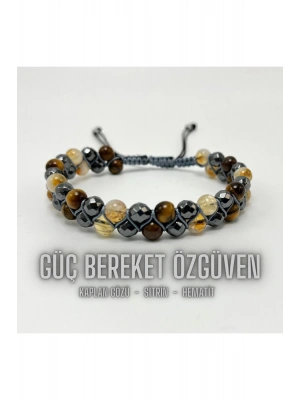 SERTİFİKALI Güç Bereket Özgüven Bilekliği - Sitrin - Hematit - Kaplan Gözü