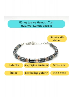 Sertifikalı Güneş Taşı ve Hematit  925 Ayar Doğal Taş Gümüş Bileklik 4mm