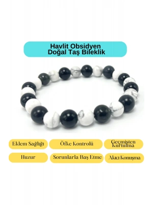 Sertifikalı Havlit Obsidyen Doğal Taş Misinalı Bileklik 8mm