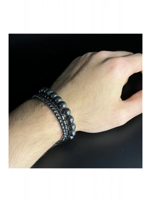 SERTİFİKALI  Hematit 3lü Kombin Makrome Doğal Taş Bileklik