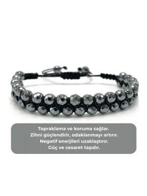 SERTİFİKALI Hematit Çift Sıra Doğal Taş Makrome Bileklik Ayarlanabilir Ölçü