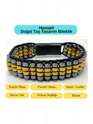 Sertifikalı Hematit Doğal Taş Tasarım Erkek Bileklik Gold ve Siyah Renk